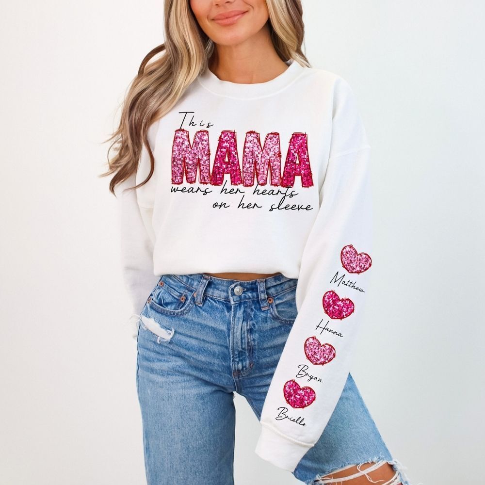 Personalized Name Mama Wears Her Hearts On Her Sleeve Sequin Sweatshirt